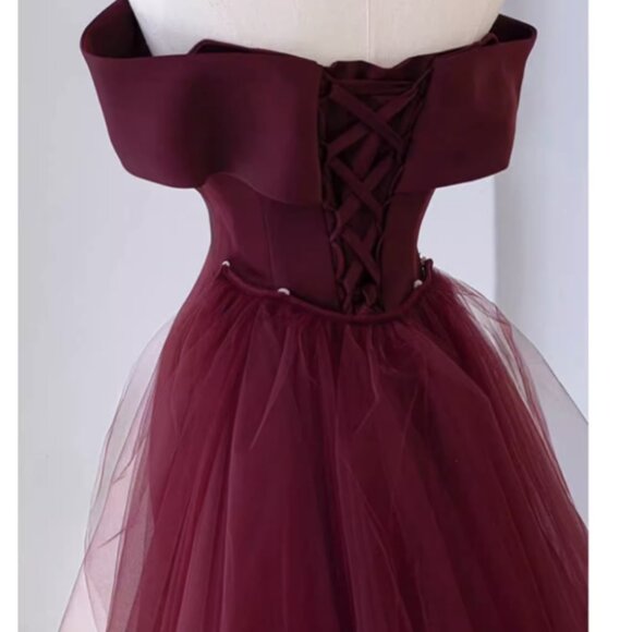 Regal Burgundy Off-Shoulder Mermaid Gown with Corset Back - Picture 5 of 13